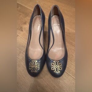 Tory Burch navy wedges. 3 inch